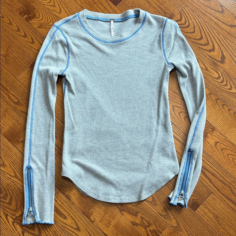 Free People Grey and Blue Long Sleeve Top with Zipper Accents